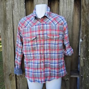 JACHS Girlfriend, Bea, Plaid Pearl Snap, Roll Tab Long sleeve Shirt Women's M